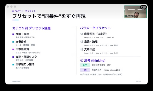 プリセット設定画面